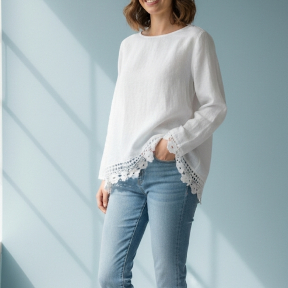 Terzo Millennio White Linen Blouse‎ Crocheted Knit Trim Size Small 100% Linen